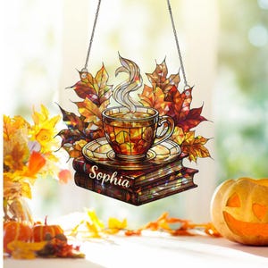 Custom Fall Acrylic Window Hanging, Autumn Books and Tea Suncatcher, Cozy Leaves Decor, Seasonal Warm Home Accent Gift