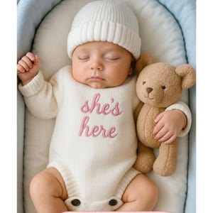 Personalize She&#39;s Here Embroidered Baby Romper, Personalized Newborn Name Outfit, Coming Home Outfit, Infant Bodysuit, Baby Shower Gift