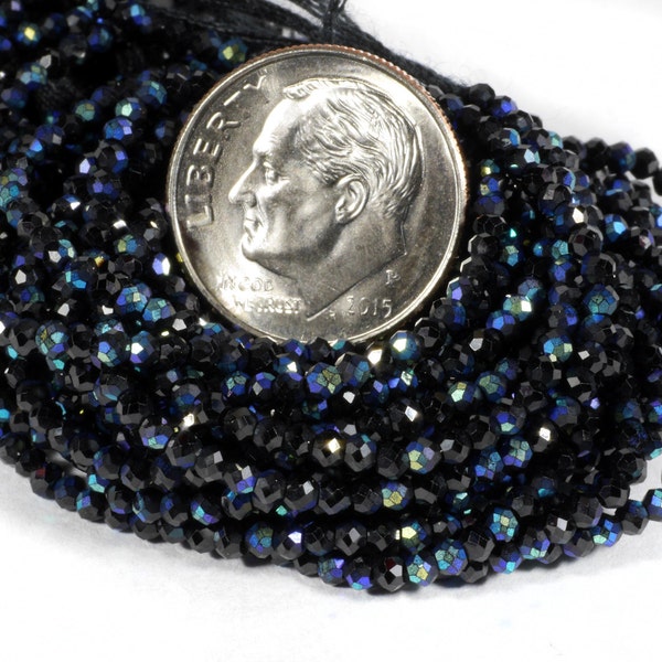 Mystic Multicolored Black Spinel Beads  Tiny Faceted Black Spinel With Mystic Peacock Blue   Earth Mined  Calibrated at 2mm   6-Inches