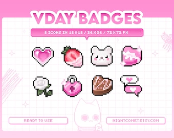 Valentine&#39;s Day Badges for Twitch, YouTube, Discord | Sub Bit Badges | Stream Assets | Pixel Art | Stream Badges | Pixel Badges |
