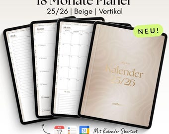 Digital 18-Month Planner 25/26 | Vertical | Beige | for GoodNotes, Penly with Google & Apple Calendar Function | noSheets