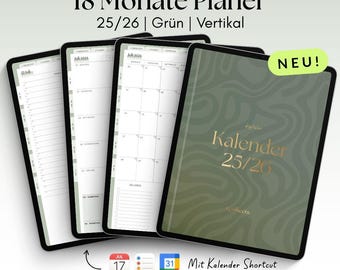 Digital 18-Month Planner 25/26 | Vertical | Green | for GoodNotes, Penly with Google & Apple Calendar Function | noSheets