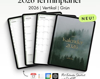 Digital Planner 2026 Vertical Green for GoodNotes, Penly with Google & Apple Calendar Function | noSheets