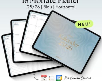 Digital 18-Month Planner 25/26 | Horizontal | Blue | for GoodNotes, Penly with Google & Apple Calendar Function | noSheets