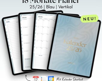 Digital 18-Month Planner 25/26 | Vertical | Blue | for GoodNotes, Penly with Google & Apple Calendar Function | noSheets