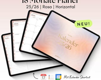 Digital 18-Month Planner 25/26 | Horizontal | Pink | for GoodNotes, Penly with Google & Apple Calendar Function | noSheets