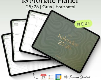 Digital 18-Month Planner 25/26 | Horizontal | Green | for GoodNotes, Penly with Google & Apple Calendar Function | noSheets