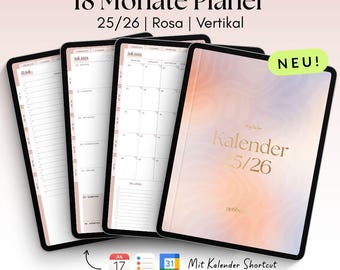 Digital 18-Month Planner 25/26 | Vertical | Pink | for GoodNotes, Penly with Google & Apple Calendar Function | noSheets