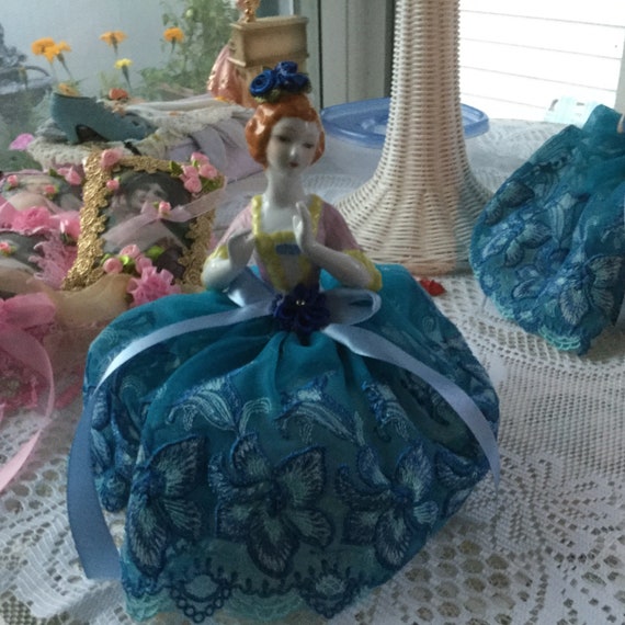 Large half doll about 5 inches in blue dress and flowers. | Etsy