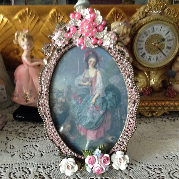 6x8 jeweled picture frame with image of victorian lady in pink altered