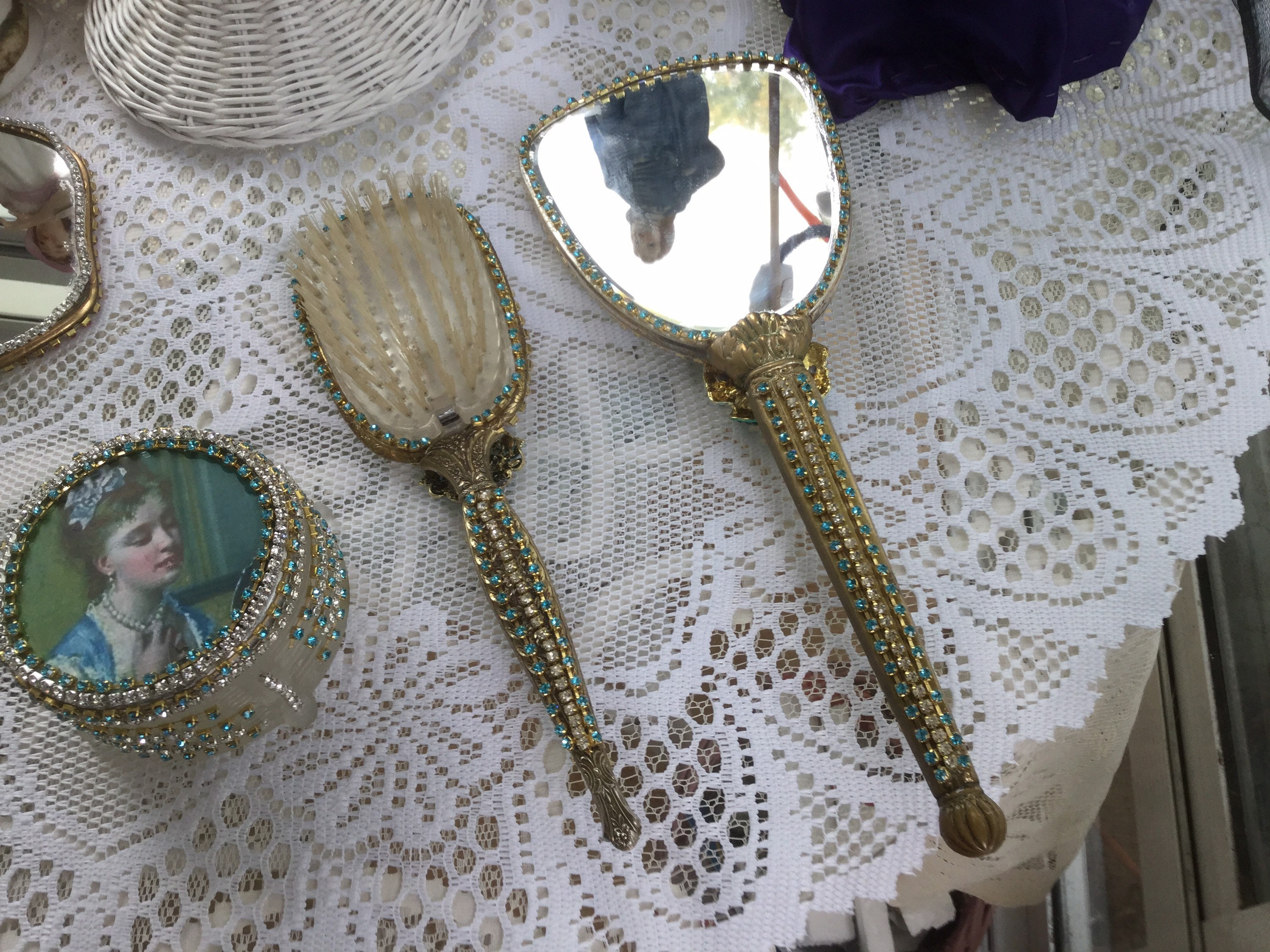Victorian Jeweled mirror and brush set with image of Victorian Etsy