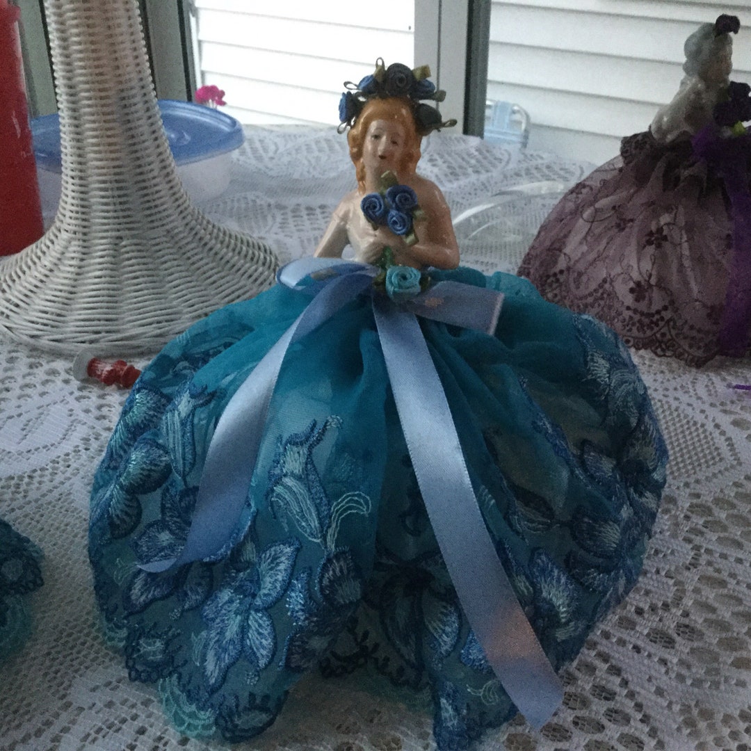 Large Half Doll, About 5 Inches, in Blue Dress and Flowers. About 9 ...