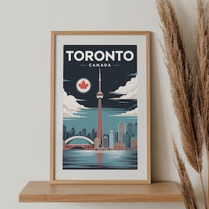 Póster de viaje retro de Toronto, Canadá: arte mural con el horizonte de la Torre CN, decoración urbana vintage imprimible