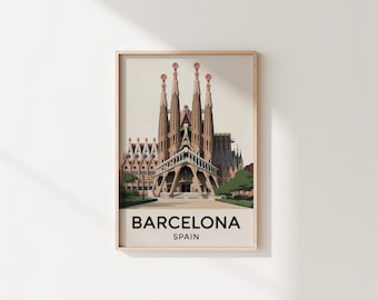 Barcelona reseaffisch, Sagrada Familia, digital nedladdning, vintagekonst, minimalistisk Gaudi-dekor,