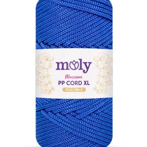 May include: A spool of vibrant blue macrame cord. The label reads "moly Macrame PP CORD XL 3mm | No: 6". The cord is tightly wound, showcasing its texture and color. Ideal for crafting projects.
