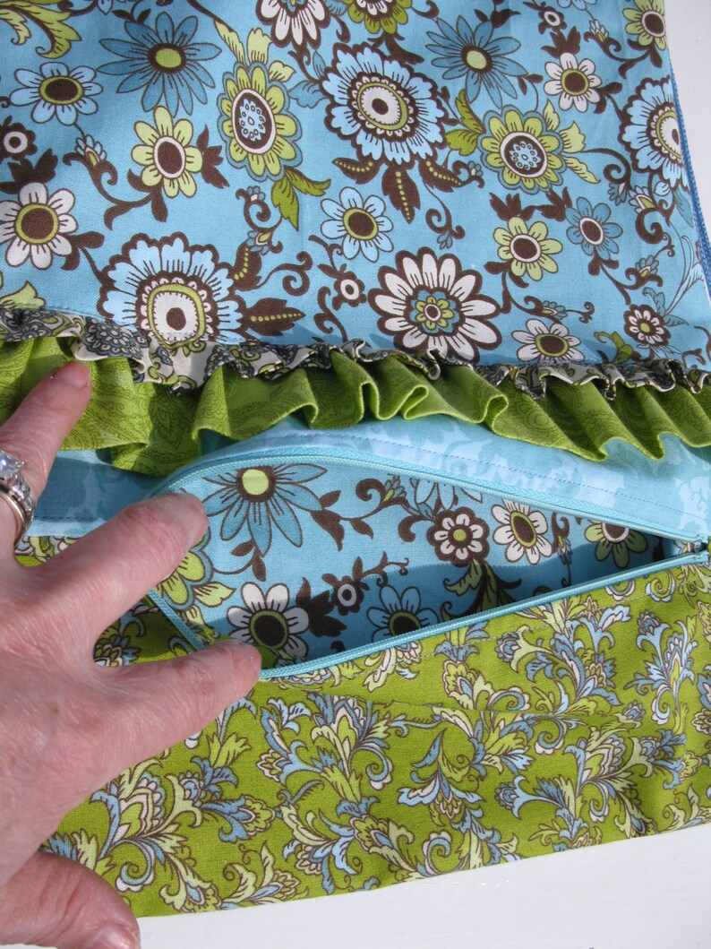 May include: A blue and green fabric pouch with a zipper closure. The pouch is made of three layers of fabric, with a ruffled layer in the middle. The fabric has a floral pattern.