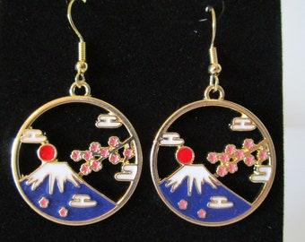 Asian Mt. Fuji and Cherry Blossom Earrings, Jewelry, Best Friend Gifts