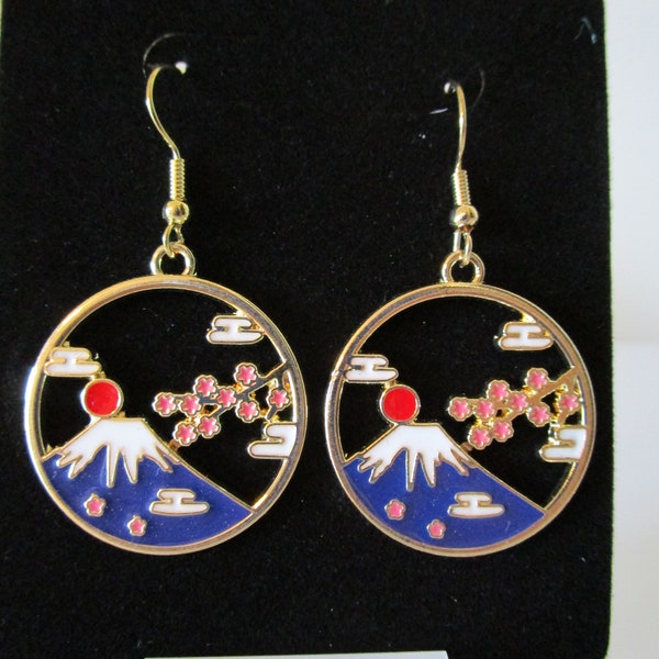 Asian Mt. Fuji and Cherry Blossom Earrings, Jewelry, Best Friend Gifts