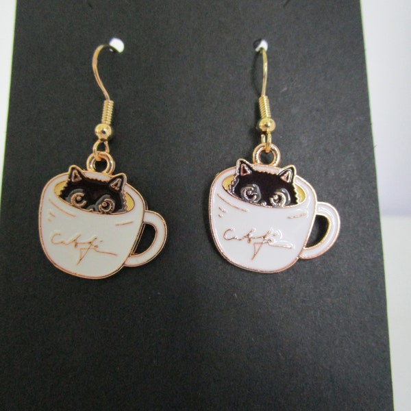 Cat in Cup Enamel Earrings, Cat Earrings, Jewelry, Best Friend Gifts, Coffee Cup, Tea Cup