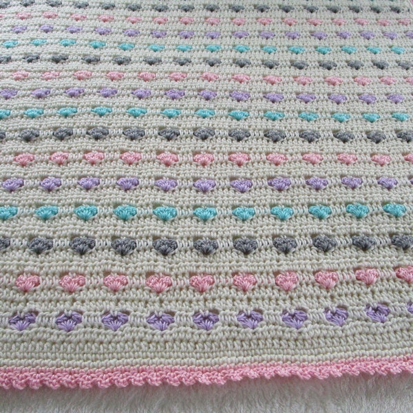 Hearts in a Row Blanket, Easy Crochet Blanket Pattern, Throw Blanket, Beginner Afghan, Baby Blanket