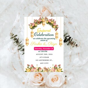 May include: A wedding invitation with a floral design and gold lanterns. The invitation reads "Gujarat Celebration" and includes the names "Sarika & Riya", the date "Saturday, November 26", the time "at 7:00 PM", the date "AUGUST 2ND, 2024", the time "AT 8:30AM", the address "123 ANYWHERE ST.", and the city "ANY CITY".