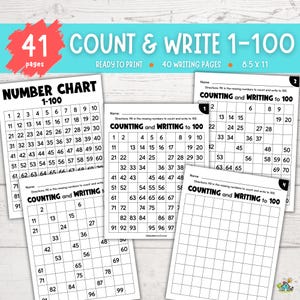 May include: A set of printable educational worksheets for counting and writing numbers 1-100. The worksheets include number charts and fill-in-the-blank exercises. The pages are 8.5 x 11 inches.