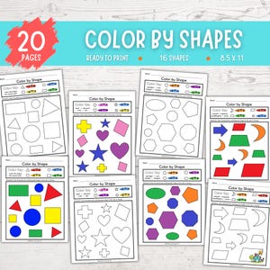 May include: A collection of printable "Color by Shape" activity pages. Each page features various geometric shapes, such as squares, circles, and triangles, with a color key. The title "Color by Shapes" is displayed in large, colorful text. The pages are 8.5 x 11 inches.