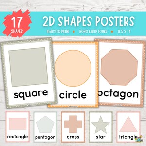 Pode incluir: Pôsteres educativos com formas 2D em tons terrosos boho. Os pôsteres incluem um quadrado, um círculo e um octógono, com as palavras "quadrado", "círculo" e "octógono". Os pôsteres medem 21,59 x 27,94 cm.