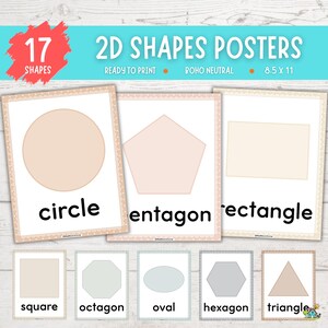 Pode incluir: Um conjunto de cartazes de formas 2D com um design neutro boho. Os cartazes incluem formas como círculo, pentágono e retângulo. O texto nos cartazes diz "17 formas" e "Pronto para imprimir". Cada cartaz mede 21,59 x 27,94 cm.