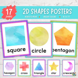 Pode incluir: Pôsteres educativos com formas 2D, incluindo um quadrado, um círculo e um pentágono. Os pôsteres estão prontos para imprimir e apresentam cores vibrantes. O conjunto inclui 17 formas e mede 21,6 x 27,9 cm.