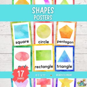 May include: A set of educational posters titled SHAPES POSTERS, featuring watercolor-style illustrations of a square, circle, pentagon, oval, rectangle, and triangle. Each card includes the shape name in black text. The set is 8.5 inches by 11 inches.