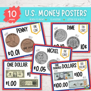 US Money Posters, Classroom Posters, US Coins, US Paper Money, Large Flashcards, Large Money Flashcards, Printable Money Posters