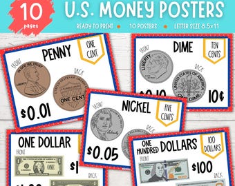 US Money Posters  for Math Wall Classroom Decoration Printable Large Flashcards Coins and Bills Bulletin Board American Currency