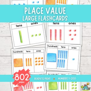 Place Value Flashcards 1–200 with Base Ten Blocks Printable Large Number Cards for Understanding Ones Tens Hundreds in Elementary Math