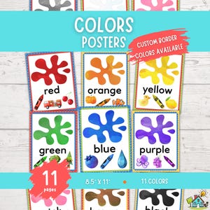 Könnte beinhalten: Ein Set aus pädagogischen Farbpostern mit Farbspritzern in Rot, Orange, Gelb, Grün, Blau, Lila, Rosa, Braun und Schwarz. Jedes Poster zeigt den Farbnamen, einen Buntstift und passende Objekte. Der Text gibt die Größe 8.5 x 11 Zoll an.