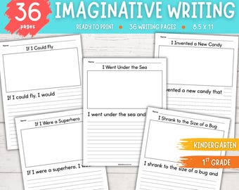 May include: A collection of ready-to-print imaginative writing pages for kindergarten and 1st grade. The pages are 8.5 x 11 inches and include prompts like "If I Could Fly" and "I Went Under the Sea". The set includes 36 writing pages.