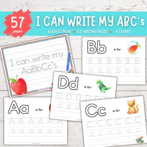 May include: A collection of printable ABC writing pages. The pages feature uppercase and lowercase letters with dotted lines for tracing. Colorful illustrations accompany each letter, including an apple, a beach ball, a dinosaur, and a cat. The text "I can write my ABC's" is displayed.