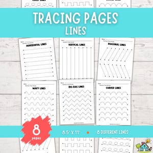 May include: A set of educational tracing pages featuring black dotted lines on white paper. The sheets include horizontal, vertical, diagonal, wavy, zig-zag, and curved lines with the text TRACING PAGES LINES and 8.5" x 11" 8 DIFFERENT LINES.
