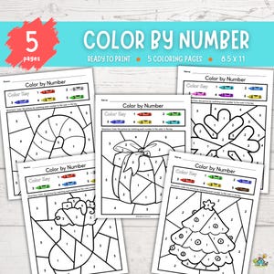 May include: A collection of five ready-to-print "Color by Number" pages, each featuring a different holiday-themed image. The pages are 8.5 x 11 inches and include a color key with crayons. The text "Color by Number" is displayed in large, colorful letters.