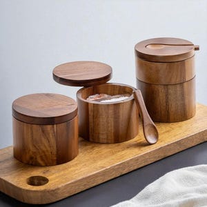 Wooden Salt Cellar with Spoon, Round Salt Box with Swivel Lid, Spice Jar Container, Rustic Kitchen Storage, Herb and Pepper Holder