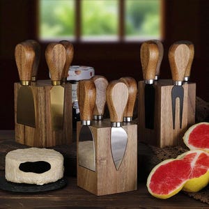 Magnetic Wood Cheese Knife Set, 5-Piece Stainless Steel Cheese Tools, Acacia Holder Block, Cheese Board Gift Set, Cheese Fork & Knife