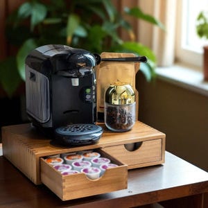 Wood Coffee Pod Drawer Organizer, Capsule Storage Rack with 2 Drawers, Coffee Machine Base Stand, Tea Bag Holder, Coffee Bar Shelf