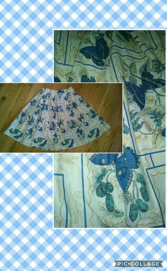 Vintage Dirndl Skirt with Blue Butterflies and Fol