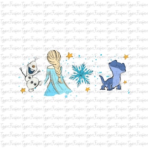 Könnte beinhalten: Digitale Illustration mit Charakteren aus dem Film Frozen. Das Bild zeigt Elsa in einem blauen Kleid, Olaf den Schneemann, ein blaues, dinosaurierähnliches Wesen, eine Schneeflocke und Sterne.