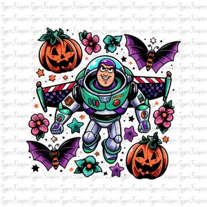 May include: A colorful illustration featuring Buzz Lightyear in his space suit, surrounded by Halloween-themed elements. Includes jack-o'-lanterns, bats, flowers, and stars in vibrant orange, purple, green, and pink hues. The word "power" is visible on the suit.