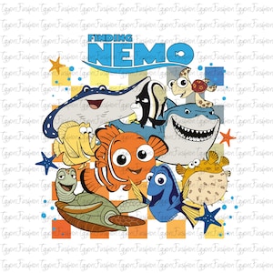 May include: A colorful graphic featuring characters from the movie "Finding Nemo." The image includes Nemo, Dory, a shark, a turtle, and other sea creatures. The title "Finding Nemo" is displayed in blue text.