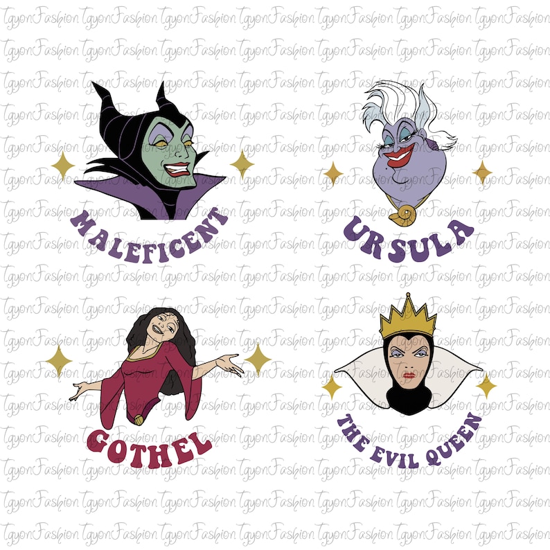Pu&ograve; includere: Un'illustrazione digitale di quattro cattive Disney: Malefica, Ursula, Madre Gothel e la Regina Cattiva. Ogni cattiva &egrave; raffigurata in uno stile cartone animato con i suoi colori e le sue caratteristiche distintive. I nomi di ogni cattiva sono scritti in un font retr&ograve; sotto le loro immagini.