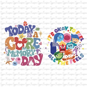 以下が含まれることがあります： 「Today is a Core Memory Day」と「It's Okay to Feel All the Feels」のテキストが入ったカラフルなグラフィックデザイン。さまざまな感情を表す漫画のキャラクターが特徴です。デザインは白い背景にあります。