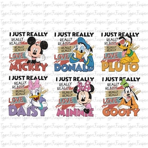 以下が含まれることがあります： 「本当に本当に本当に大好き」というテキストとキャラクターの名前が書かれた、ディズニーキャラクターのカラフルなイラスト6つ。キャラクターはミッキーマウス、ドナルドダック、プルート、デイジーダック、ミニーマウス、グーフィーです。