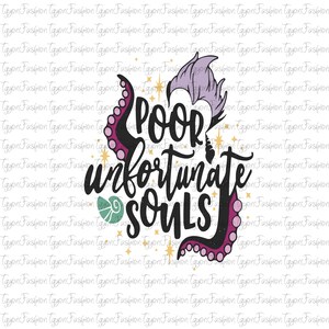 May include: A graphic design featuring the text "Poor Unfortunate Souls" in a whimsical font, accompanied by illustrations of tentacles and a seashell. The design incorporates shades of black, purple, and teal, with star accents.